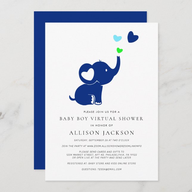 Minimal Baby Boy Virtual Dusche Blue Elephant Einladung (Vorne/Hinten)