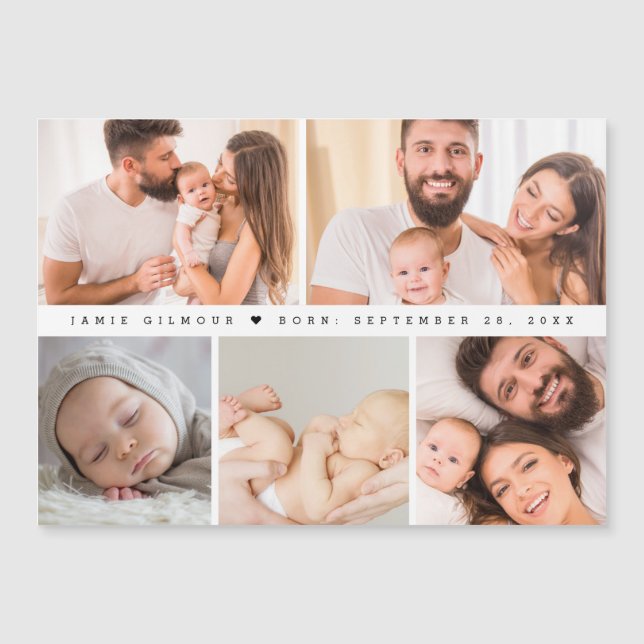Minimal Baby Foto Collage Einfache Geburt Magneteinladung (Vorderseite)