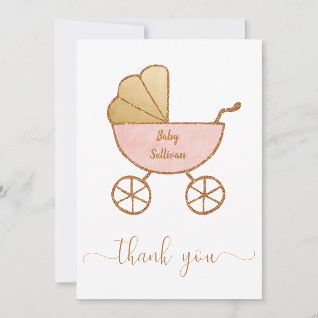 Minimal Baby Girl Dusche Retro Carriage Pink Gold Dankeskarte (Vorderseite)