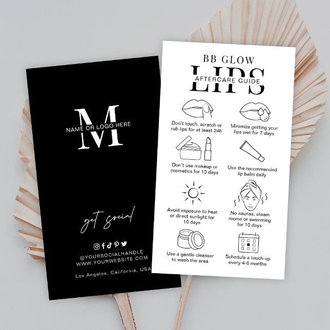 Minimal BB Glow Lips Aftercare Instructions Salon Visitenkarte (BB Glow Lips after care instructions cards in fully editable minimalist black and white design)