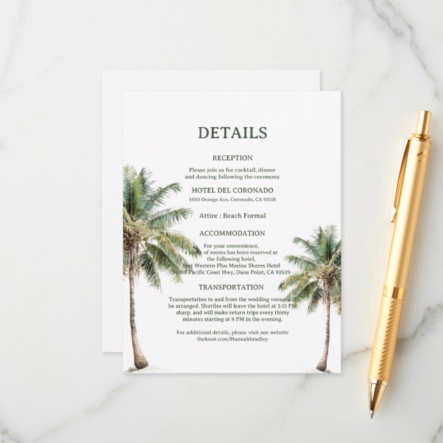 Minimal Beach Palm Trees Wedding Details Card Begleitkarte (Vorderseite/Rückseite Beispiel)
