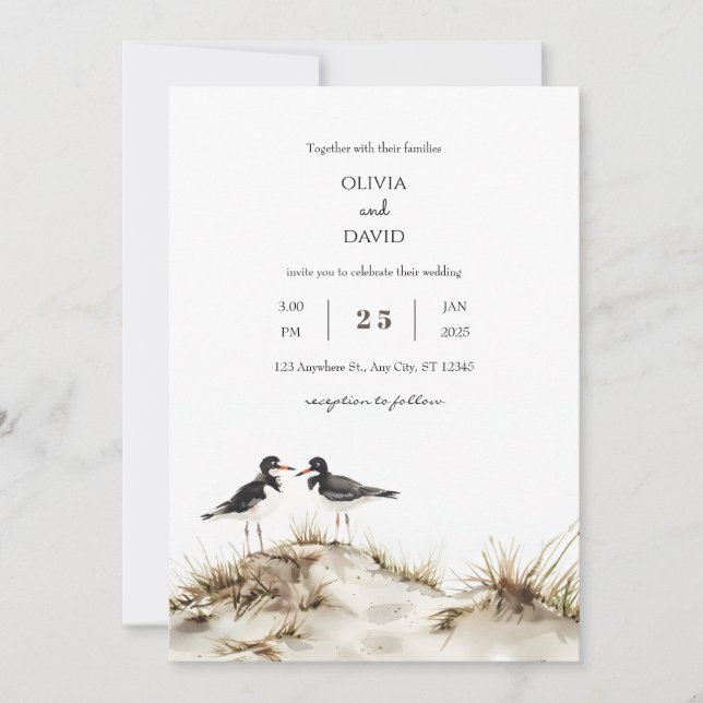 Minimal Beach Sand Dunes Oystercatchers Wedding Einladung (Vorderseite)