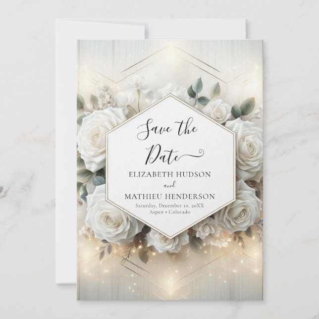 Minimal bearbeitbare White Roses Hochzeit Save The Date (Vorderseite)