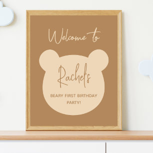 Minimal Beary First Geburtstag Begrüßungszeichen Poster