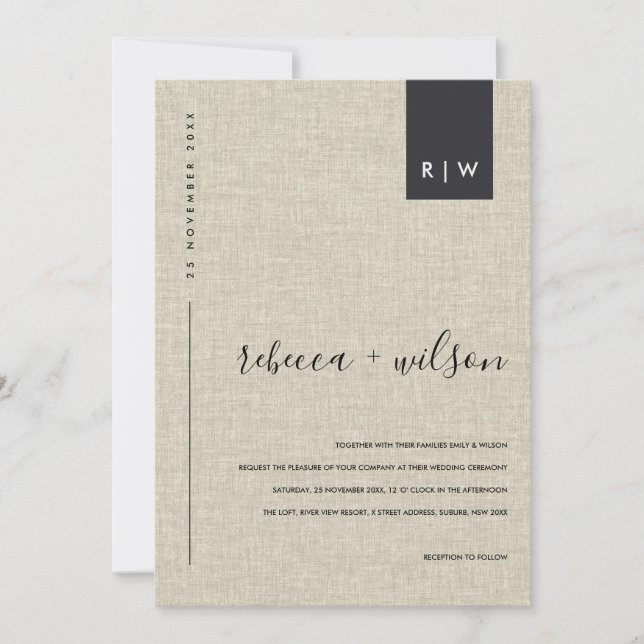 MINIMAL BEIGE CAMAL LINEN TYPOGRAPHY WEDD EINLADUNG (Vorderseite)