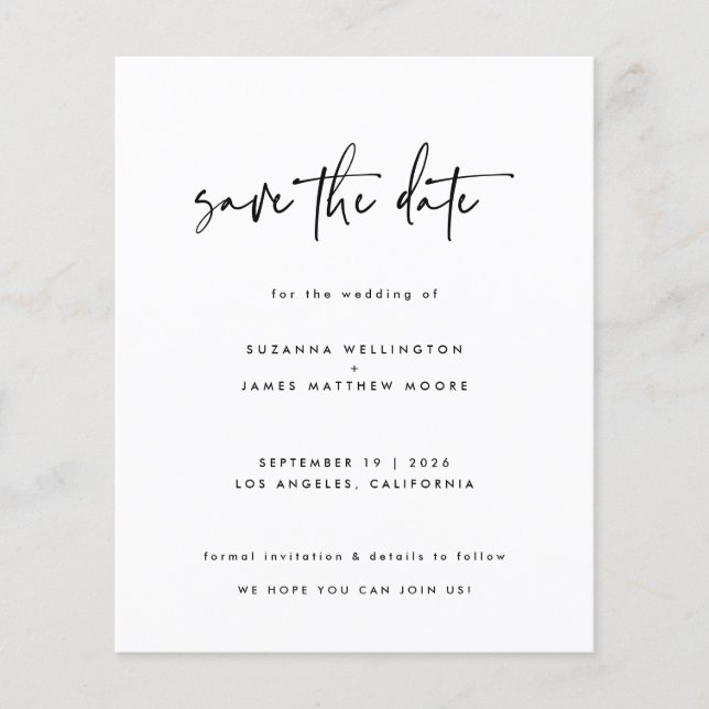 Minimal Black Budget Calligraphy Wedding Rett Date Flyer (Vorne)
