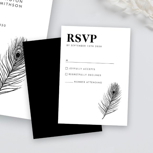 Minimal Black Feather Wedding RSVP Card Karte (Von Creator hochgeladen)
