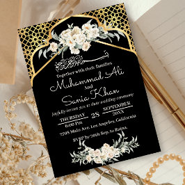 Minimal Black Floral Gold Islamische Arabische Hoc Einladung