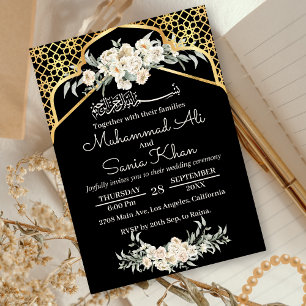 Minimal Black Floral Gold Islamische Arabische Hoc Einladung