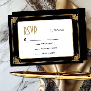 Minimal Black Gold Art Deco Blues Hochzeit RSVP Begleitkarte