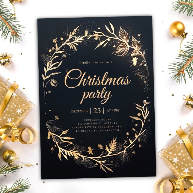 Minimal Black Gold Holiday Elegantes Party Einladung (Minimal Black Gold Holiday Elegant Christmas Party Invitation)