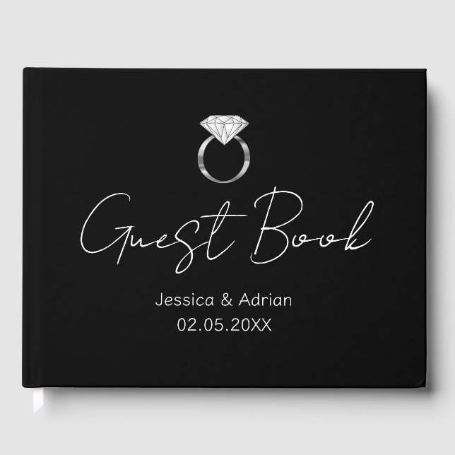 Minimal Black Silver Diamond Ring Wedding Gästebuch (Vorderseite)