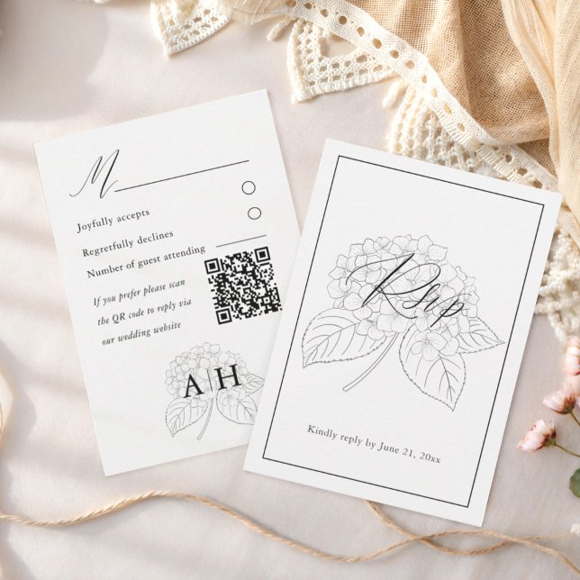 Minimal Black & White Hydrangea Wedding RSVP Karte (Von Creator hochgeladen)