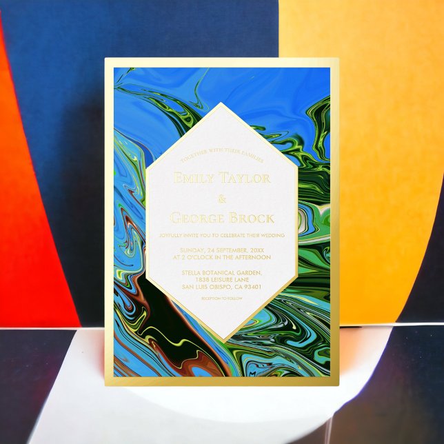 Minimal blaugrüne Abstrakte Malerei Hochzeit Gold Folieneinladung (Von Creator hochgeladen)