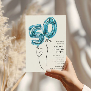Minimal Blue 50 Ballon 50. Geburtstagsparty Einladung