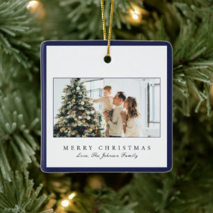Minimal Blue Border Foto Elegante Weihnachten Keramikornament