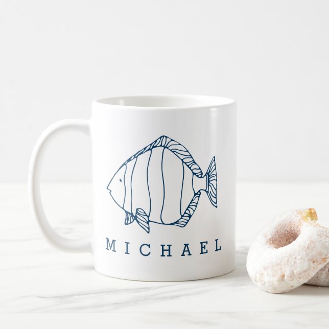 Minimal Blue Fish Illustration - Custom Nautical Kaffeetasse (Mit Donut)