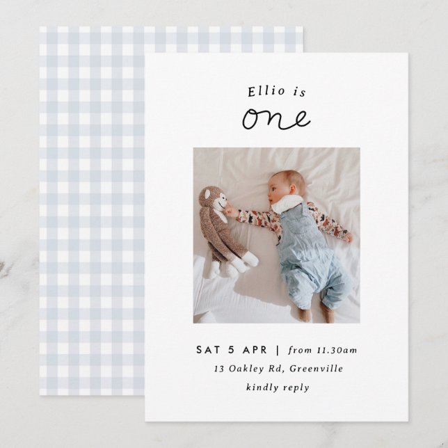 Minimal Blue Gingham Foto 1. Geburtstag Einladung (Vorne/Hinten)