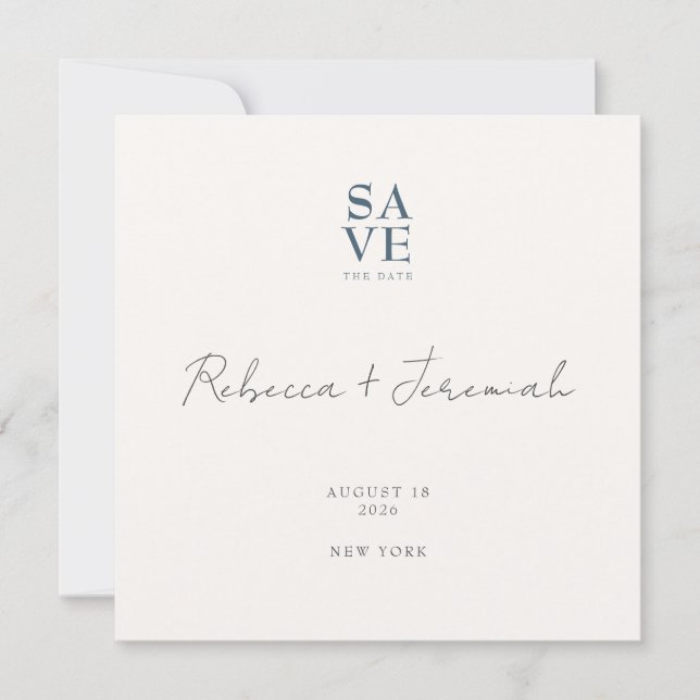 Minimal Blue Gray Anspruchsvolle SkriptWedding Save The Date (Vorderseite)