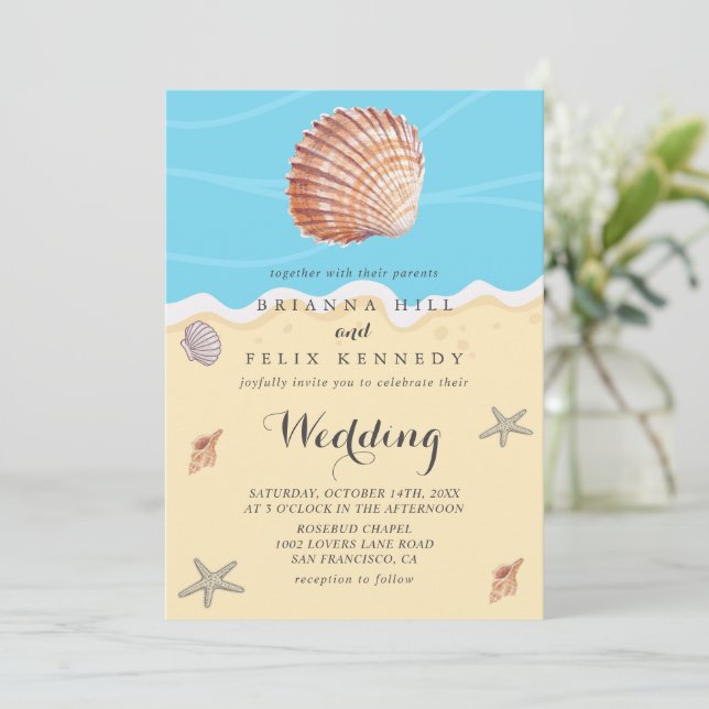Minimal Blue Ocean Summer Wedding Einladung (Stehend Vorderseite)