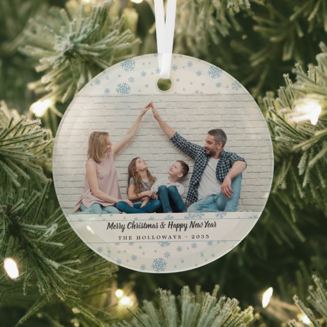 Minimal Blue Snowflakes Holiday Foto Ornament Aus Glas (InSitu)