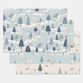 Minimal Blue Snowy Village Geschenkpapier Set
