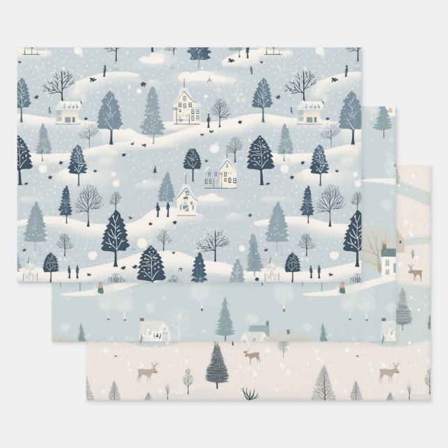 Minimal Blue Snowy Village Geschenkpapier Set (Set)