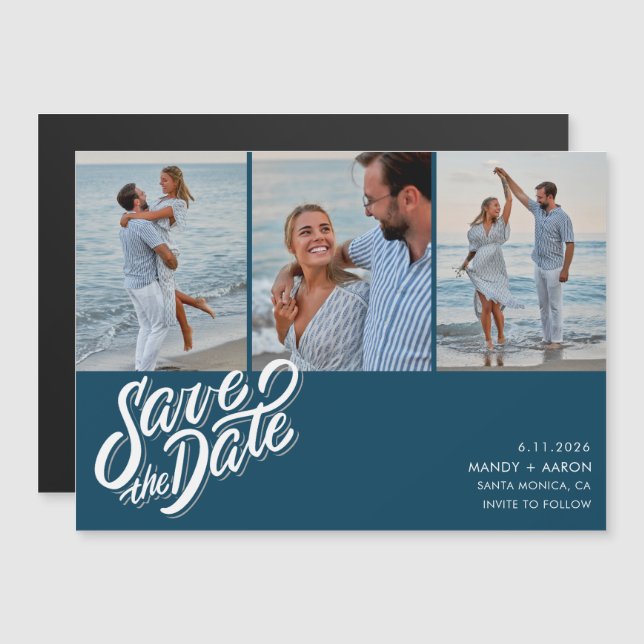 Minimal Blue Three Foto Wedding Save the Date Magneteinladung (Vorne/Hinten)