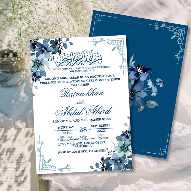 Minimal Blue White Floral Islamische Hochzeit I Einladung (Von Creator hochgeladen)