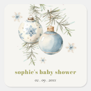 Minimal Blue Winter Weihnachten Babydusche Quadratischer Aufkleber