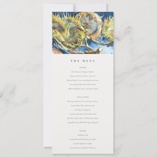 Minimal Blue Yellow Sunflower Wedding Menu Card Einladung (Vorderseite)