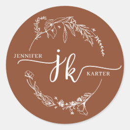 Minimal Blumenkraut Terracotta Monogram Wedding Runder Aufkleber