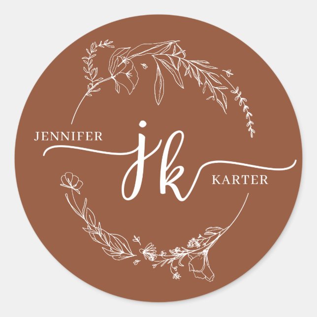 Minimal Blumenkraut Terracotta Monogram Wedding Runder Aufkleber (Vorderseite)