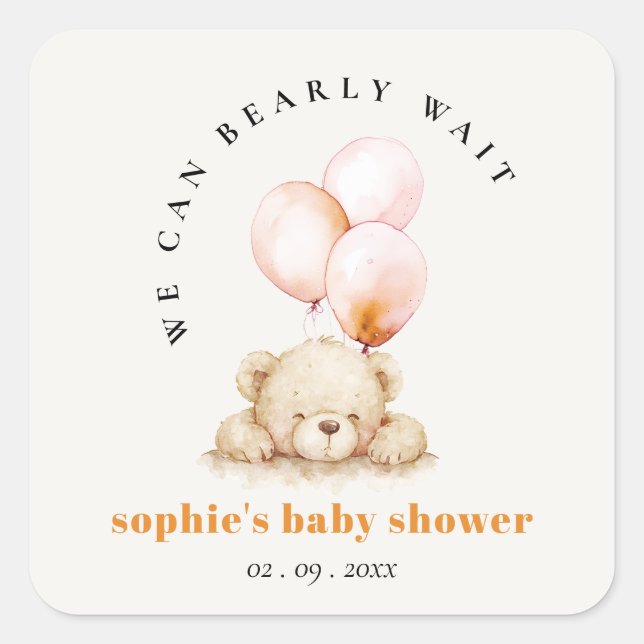 Minimal Blush Bearly Wait Balloon Baby Dusche Quadratischer Aufkleber (Vorderseite)
