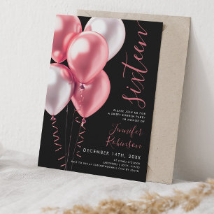 Minimal Blush Pink Balloons Sweet 16 Birthday Blac Einladung