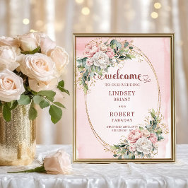 Minimal Blush Pink Floral Gold Wedding Welcome Sig Poster