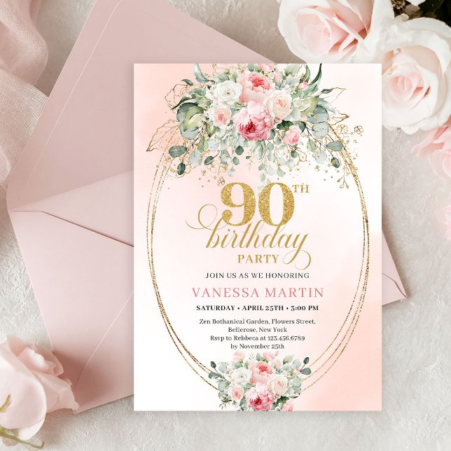 Minimal Blush Rose Gold 90th Birthday Party Invite Einladung (Minimal Blush Rose Gold 90th Birthday Party Invitation)