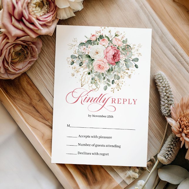 Minimal Blush Roses Greenery Gold Wedding RSVP   Karte (Minimal Blush Roses Greenery Gold Wedding RSVP Card)