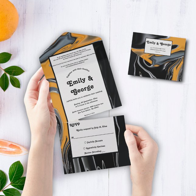 Minimal Boho Black Gold Abstrakte Hochzeit All In One Einladung (Von Creator hochgeladen)