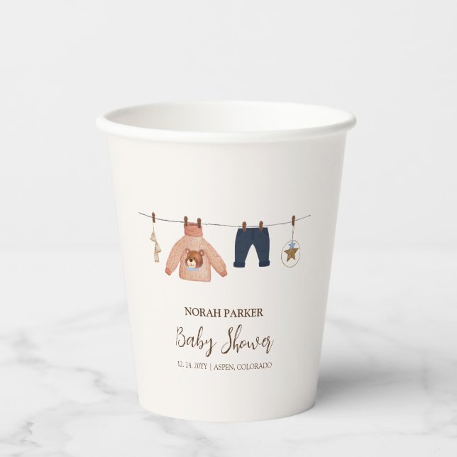 Minimal Boho Boy Winter Clothesline Babydusche Pappbecher (Vorderseite)