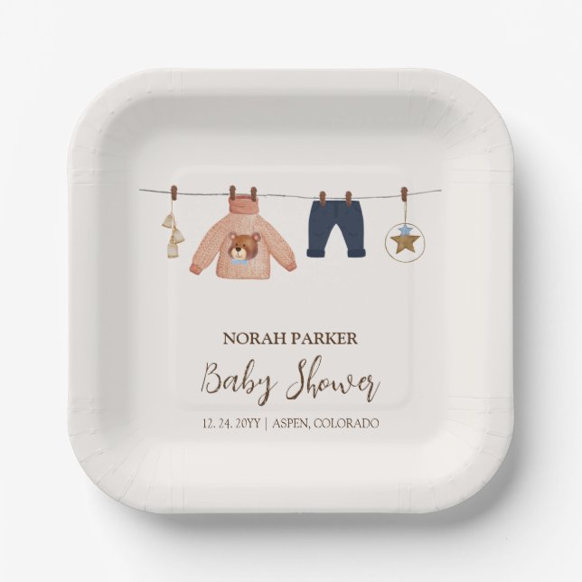 Minimal Boho Boy Winter Clothesline Babydusche Pappteller (Vorderseite)