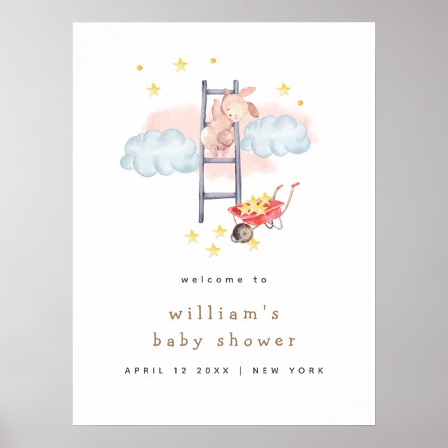 Minimal Boho Bunny Stars Babydusche Willkommen Poster (Vorne)