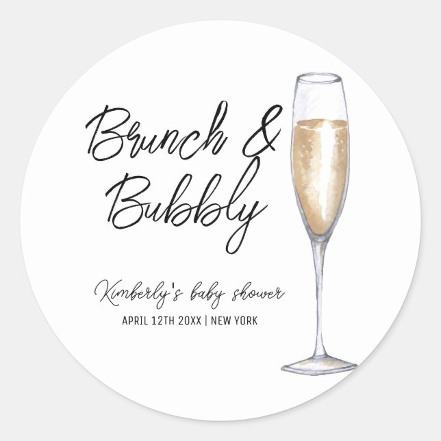 Minimal Boho Champagne Brunch Bubbly Baby Dusche Runder Aufkleber (Vorderseite)
