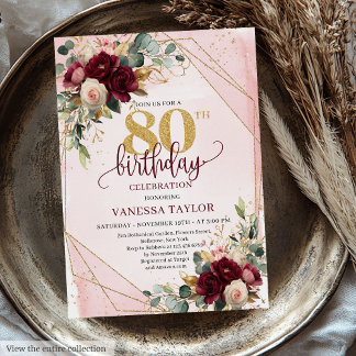 Minimal Boho Deep Red Gold Blume 80. Geburtstag Einladung