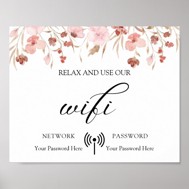 Minimal Boho Floral Wedding Wifi Poster (Vorne)