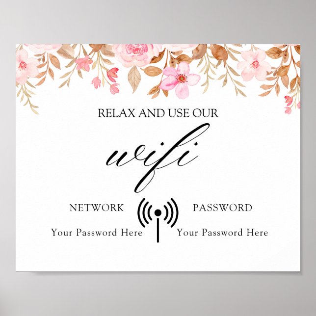 Minimal Boho Floral Wedding Wifi Poster (Vorne)