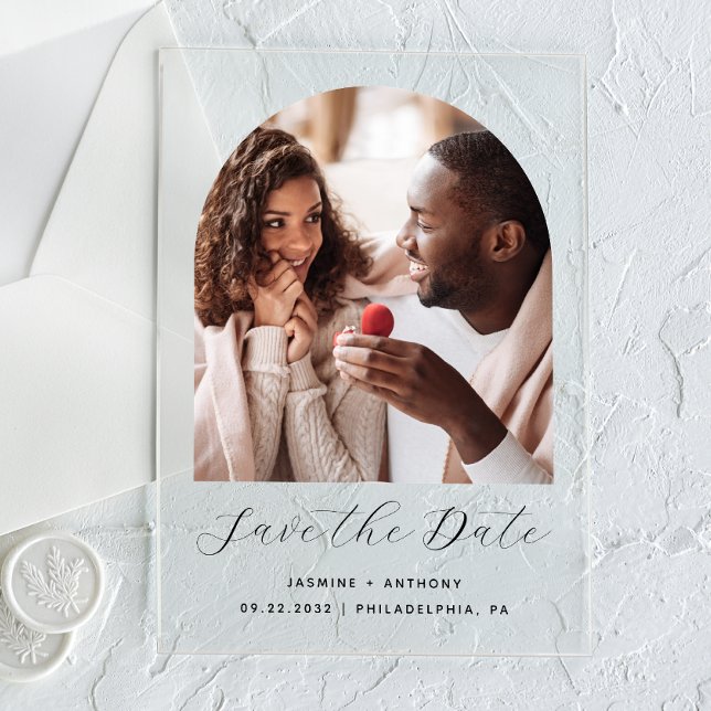 Minimal Boho Foto Arch Black Script Save the Date Acryleinladungen (Von Creator hochgeladen)