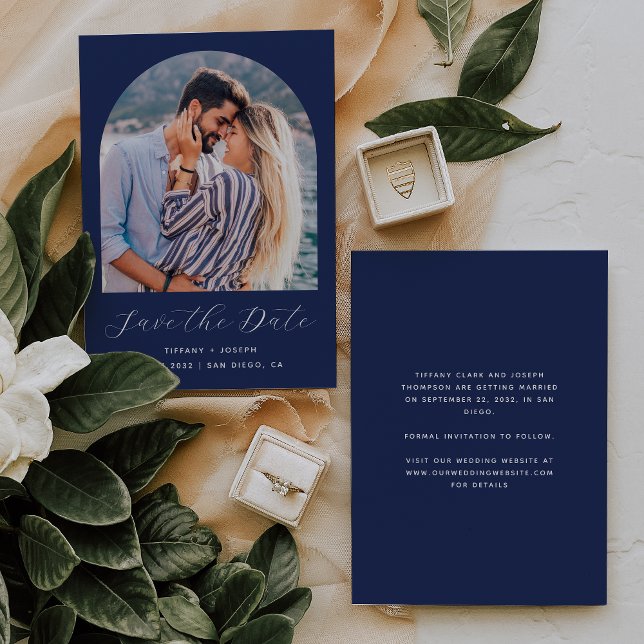 Minimal Boho Foto Arch Navy Blue Script Save The Date (Von Creator hochgeladen)