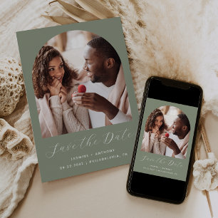 Minimal Boho Foto Arch Script Sage Green Save The Date