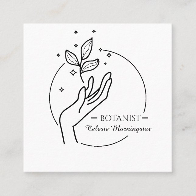 Minimal Boho Hand & Blätter Botanist Logo Quadratische Visitenkarte (Vorderseite)